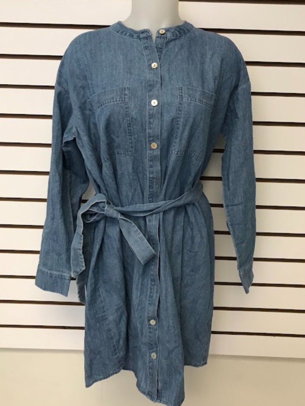 NWT Eileen Fisher Blue Organic Cotton Drapey Denim Mandarin Dress Small